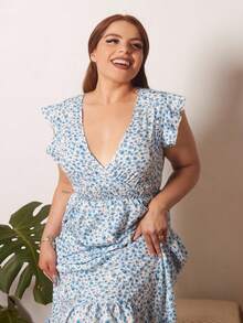 Lupita Cardoza Nuevo vestido de moda para vacaciones con mangas cortas, volantes en el bajo, cintura ceñida y estampado floral diminuto tejido en estilo fruncido para mujeres - Ver 6