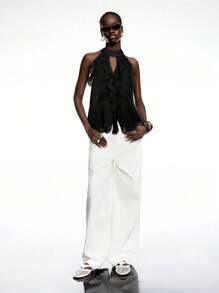 LYSMO 2025新款黑色荷叶边雪纺露背上衣搭配领带——波西米亚夏季风格 - 黑色 - 查看 3