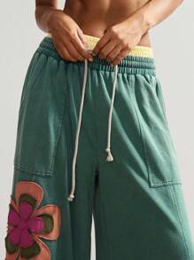 Bohemela 女士休闲针织拼布宽松阔腿裤 - 綠色 - 查看 3