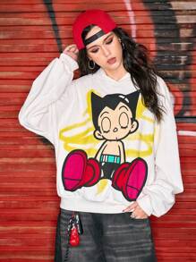 Astro Boy X ROMWE Retro Street Fashion Cartoon Graphic Loose Hooded Sweatshirt - White - View 4