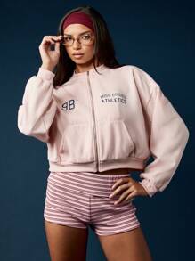MISSGUIDED 运动拉链运动衫经典学院风设计复古休闲运动号码保暖宽松飞行员夹克短款套头衫秋冬分层必备 - 粉色 - 查看 1
