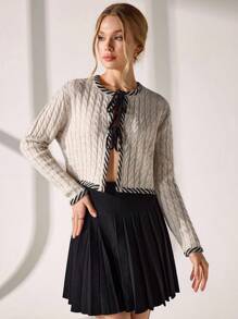 Women Tie Front Contrast Binding Cardigan,Long Cardigans Woman,Petite Cardigans,Cardigans - Cream - View 3