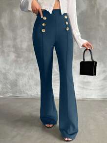 SHEIN Tall Pantalones acampanados de doble botonadura decorativa de talla alta - Verde Oscuro - Ver 3