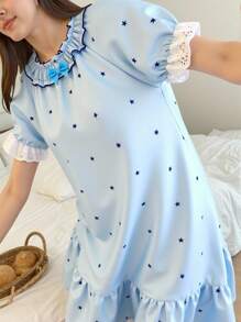 Tween Girls Minimalist Flower Trim Splice Short Sleeve Maxi Dress Loungewear Back To School Fashion - Baby Blue - View 1