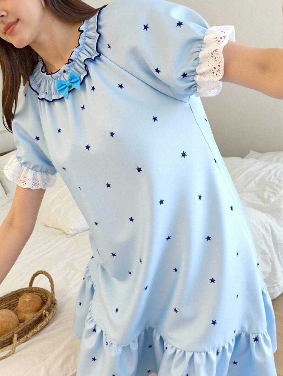 Tween Girls Minimalist Flower Trim Splice Short Sleeve Maxi Dress Loungewear Back To School Fashion - Baby Blue - View 1