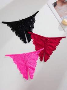 3pcs/Pack Sexy Lace Crotchless Panties, Going Out - Multicolor - View 3