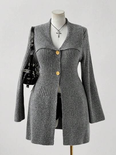 Sunspun 大码女式时尚优雅翻领收腰高弹力面料喇叭袖前扣翻领针织开衫，适合秋冬穿着，通勤装