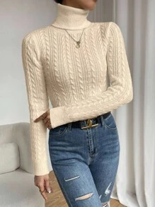 SHEIN Raffinéa Casual Solid Color Turtleneck Slim Fit Sweater, Autumn/Winter Knit Pullover Fall - Apricot - View 6