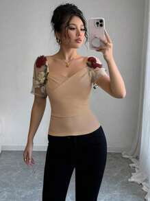 Rafferiza Blusa bordada con cuello cuadrado y mangas abullonadas para mujeres - Caqui - Ver 3