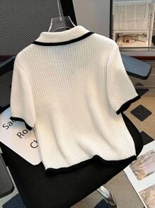 Franclia Damen klassischer französischer minimalistischer Strick-Oberteil, Schwarz-Weiß-Kontrast-Pullover, Strick-Pullover für Herbst/Winter, Arbeitsbluse für Damen - Weiss - Übersicht 2