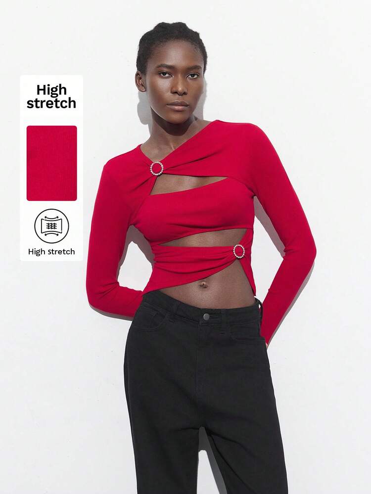 SHEIN Maija Women Red Spring Asymmetrical Collar Hollow Out Front Twist Metal Decor Long Sleeve Cropped Short Fitted Fashion Versatile Daily Party Valentine's Day T-Shirt Blouse Business Casual Women's Wear, Office Wear, Low-Key Old Money Style, Effortless Temperament, High-End Urban Commuting, The Same Style As The Editor-In-Chief Of The Magazine, Urban Social Vacation Party Wear, Charming, Low-Key And Durable Basic Style, Versatile And Not Picky Clothing, Street Fashion Wear, Clothing, Coffee Shop, Relaxed Wear