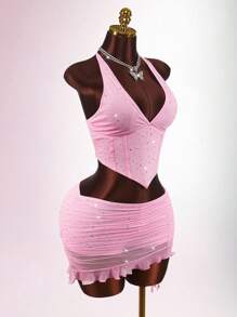 Amplova 女式性感亮片露背吊带上衣和迷你裙两件套