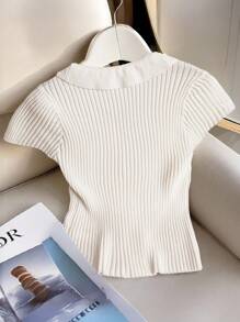 SHEIN Clasi Cardigan plus size elegante de cor sólida com babados e manga curta, verão - Branco - Ver 2