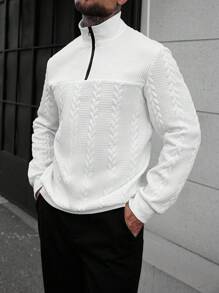 Manfinity CasualCool 男士休闲纯色纹理半拉链立领卫衣，男士秋季新款纯白色简约休闲套头卫衣，适合日常通勤和旅行的百搭单品 - 白色 - 查看 1