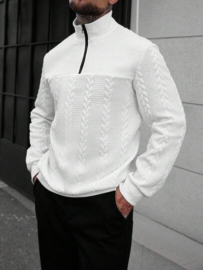 Manfinity CasualCool 男士休闲纯色纹理半拉链立领卫衣，男士秋季新款纯白色简约休闲套头卫衣，适合日常通勤和旅行的百搭单品