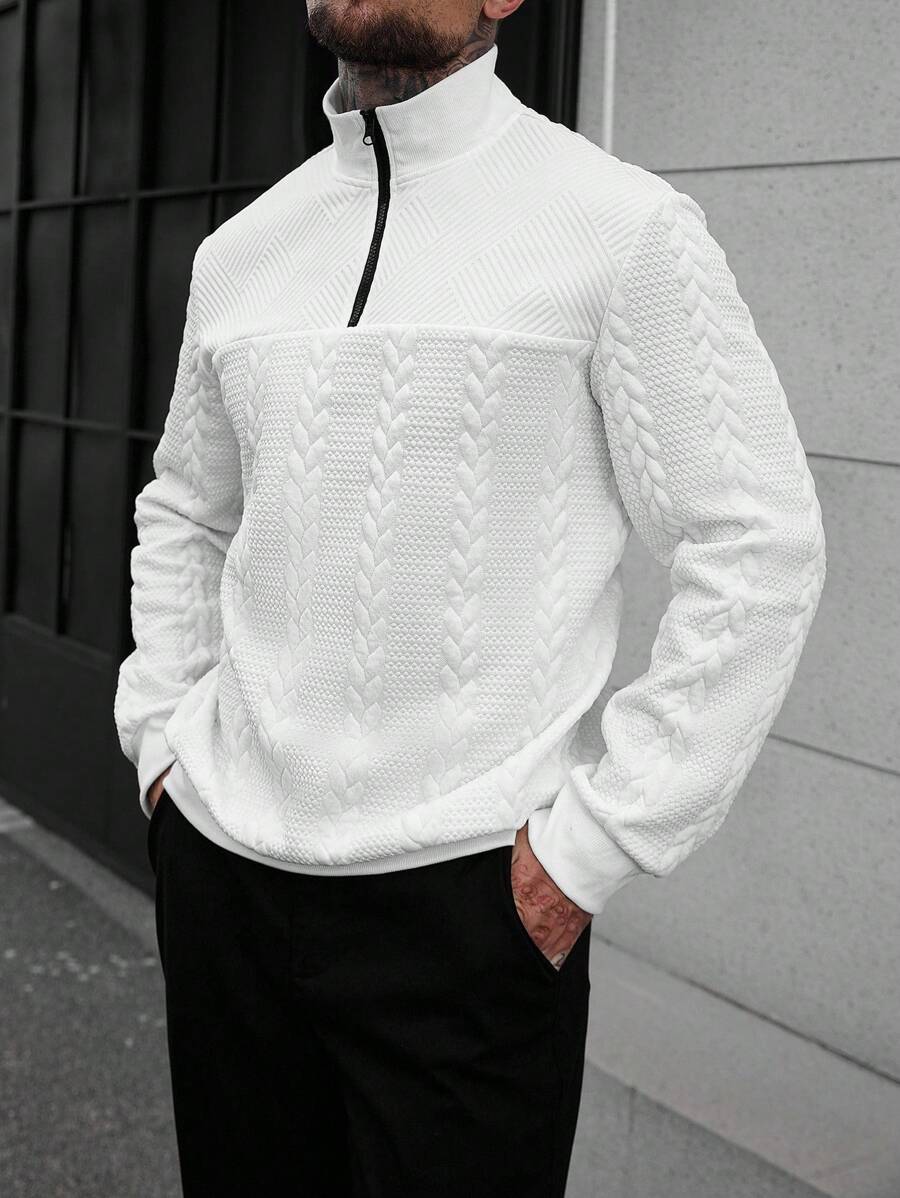 Manfinity CasualCool 男士休闲纯色纹理半拉链立领卫衣，男士秋季新款纯白色简约休闲套头卫衣，适合日常通勤和旅行的百搭单品 - 白色 - 查看 1