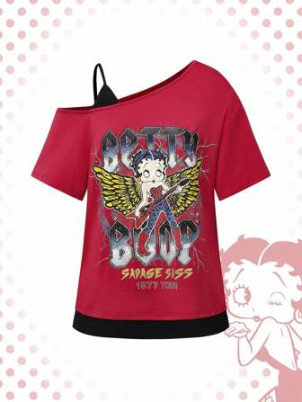 Betty Boop | ROMWE Cool Cartoon Graphic Loose Fit 2 In 1 T-Shirt