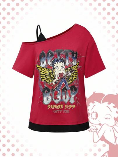 Betty Boop | ROMWE Camiseta holgada con gráfico de dibujos animados cool 2 en 1