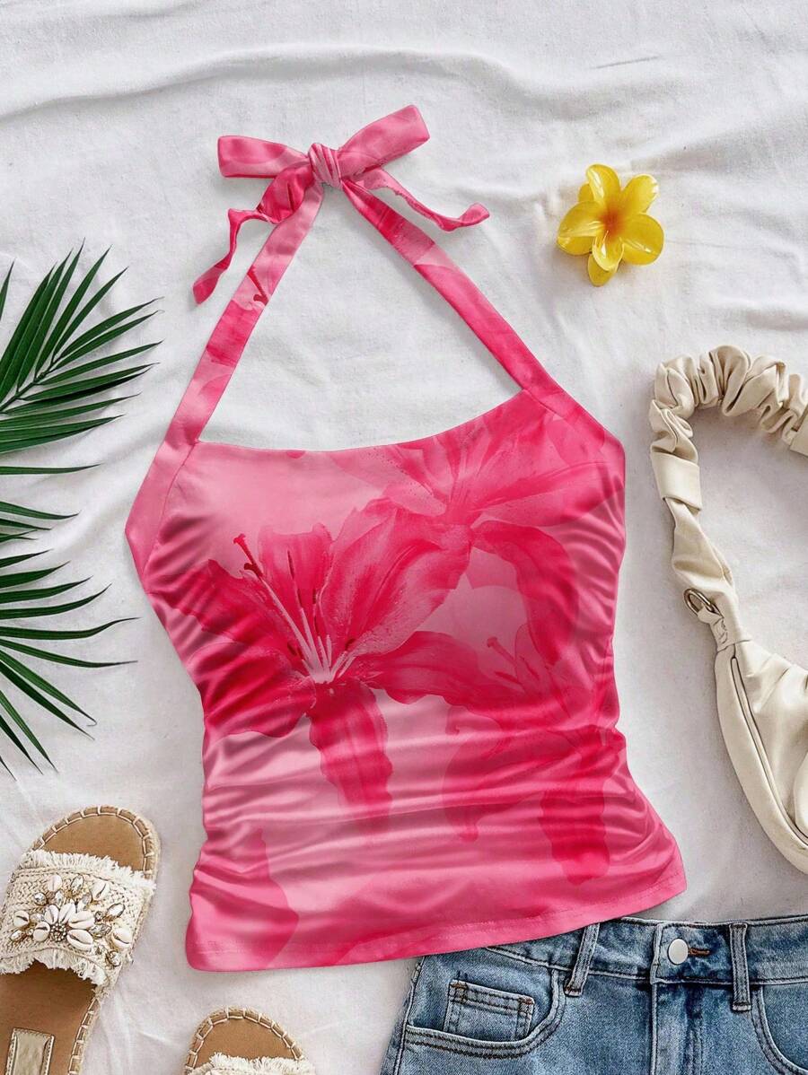 Soleia Plus Size Casual Minimalist Tie Dye Tropical Floral Print Camisole & Tank Top, Summer Wear Suitable For Going Out - Multicolor - View 1