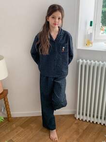 Hapijoa Tween Girl Plaid Long Sleeve & Long Pants Pajama Set - Navy Blue - View 7