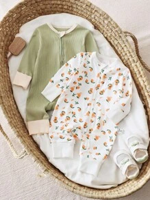 SHEIN 2pcs Newborn Baby Girl Casual Knit Elastic Splice Color Long Sleeve Jumpsuit Fall Clothes Set - Multicolor - View 3