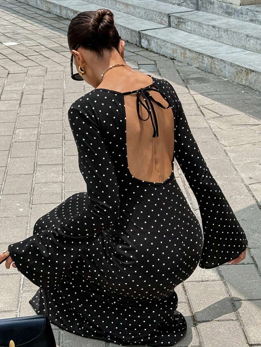 Siren Gaze 2025秋冬新款女装，情人节、新年、圣诞节、新年服装，波点连衣裙，秋季女装，适合婚礼宾客、商务休闲场合，女士圆领喇叭袖休闲波点露背连衣裙，棕色连衣裙，优雅高贵的冬季派对晚礼服，棕色 - 黑色 - 查看 1