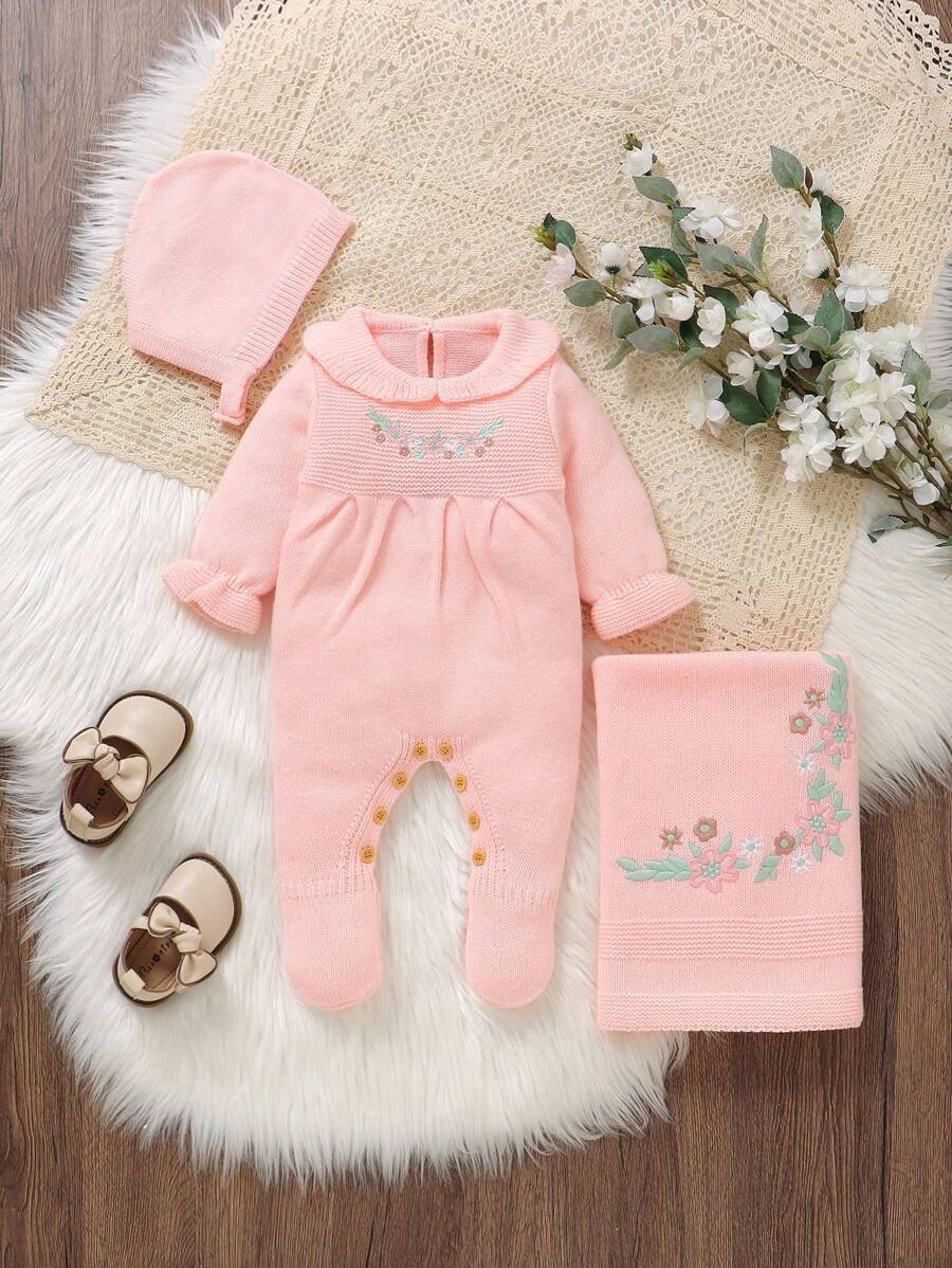 SHEIN Bộ trang phục sơ sinh 3 món cho bé gái: Bộ đồ liền thân thêu màu hồng, chăn đan, mũ - Màu Hồng baby - Xem 1