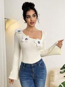 Modelyn Women's Asymmetrical Collar Long Sleeve Elegant T-Shirt With 3D Floral Decor, Spring Autumn Graphic Tees Women Tops For Spring Fall Cloth For Women - Apricot - View 3