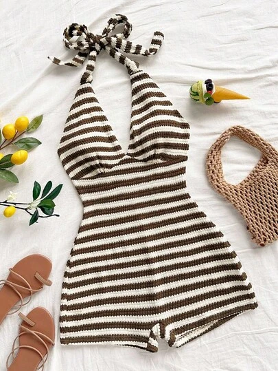 Soleia Women's Vacation Red & White Striped Knit Textured Deep V Neck Tie Front Jumpsuit, Slim Fit, Suitable For Party, Valentine's Day, Date, Layering, Christmas, Beach, Cruise, Festival, Easter, Boho Vacation Knitted Playsuit Beach Playsuit Vacation Outfit