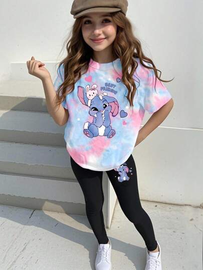 SHEIN Elladie kids 女孩休闲时尚创意可爱卡通针线字母标语印花 T 恤和紧身裤两件套