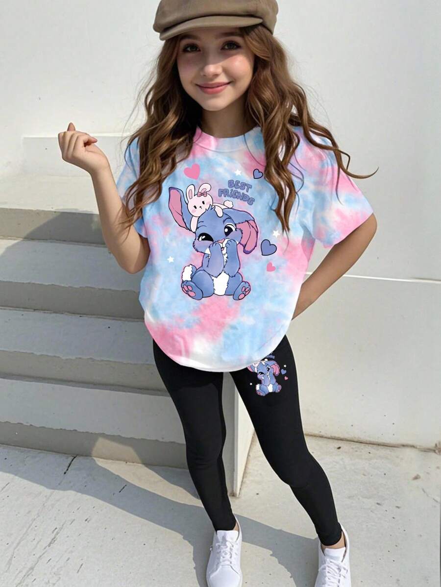 SHEIN Elladie kids 女孩休闲时尚创意可爱卡通针线字母标语印花 T 恤和紧身裤两件套 - 彩色 - 查看 1