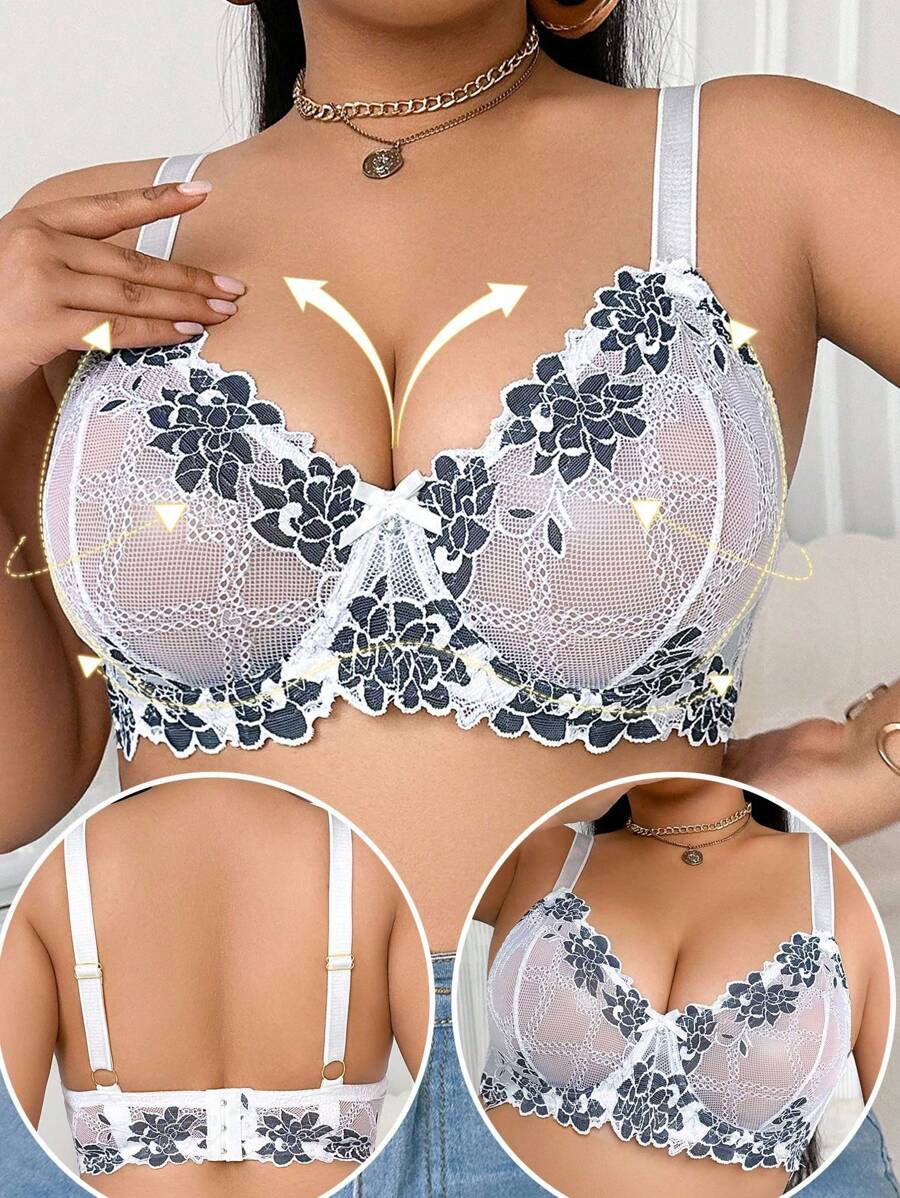 SHEIN 1 buah Bra Berkawat Renda Elegan Ukuran Plus - Hitam dan Putih - View 1