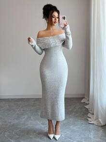 Selianne 女士优雅纯色露肩紧身针织连衣裙 - 灰色 - 查看 7