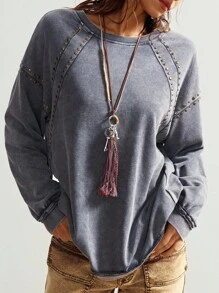 Bohemela Women's Casual Solid Color Knit Crew Neck Loose Washed Sweatshirt In Fall/Winter - Grey - View 2