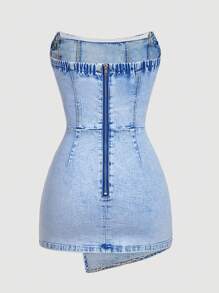 SHEIN MOD Vestido de tubo de mezclilla con diseño de torsión y dobladillo asimétrico para mujer de talla grande - Azul - Ver 2