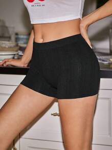 Solid Ribbed Knit Shortie - Black - View 4