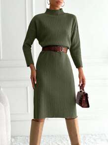 EURMUSE Women's Casual Commuter Solid Color Stand Collar Knit Dress - Army Green - View 4