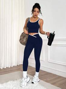 Slayform Women's Yoga Contrast Trim Crew Neck Tank Top And Criss-Cross Waist Ankle Length Pants Sports Set Navy Workout Set Two Piece Workout Set Two Piece Active Set Gym Set Workout Leggings And Top Set Workout Leggings Two Piece Set Gym Two Piece Set Gym Set Two Piece Activewear Set