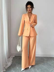 Elenzga Elegant Commuter Elegant Fashion, Lapel Shoulder Long Sleeve Ripped Cinched Waist Linen Woven Fabric Women Jacket, Pleated Long Pants Women Suit Set Fall Cloth For Women