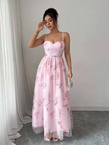 Elenzga Elegant Floral Rose Print Sleeveless A-Line Long Dress With Ruffle Trim, Romantic Spring/Summer Resort Chiffon Maxi Dress, Flattering Style - Pink - View 6
