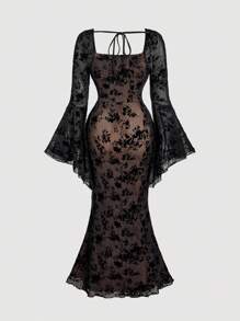 SHEIN MOD Women's Flare Sleeve Ruffle Trim Sweetheart Collar Fitted Sexy Dress, Goth Dress, Witchy Dress, Black Floral Dress, Long Sleeve Black Dress,Black Floral Dress, Black See Through Dress,Fall Clothes For Women,Goth,