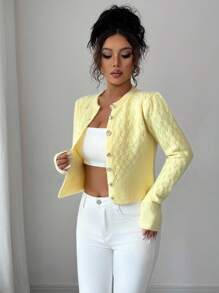 Elenzga Nuevo cárdigan corto de mujer de cuello redondo con diseño de botones, de color crema amarillento, suave y ajustado, de moda para citas y uso diario, para otoño/invierno - Amarillo - Ver 3