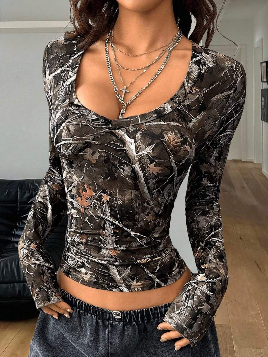 Coolane Women's Fall/Winter Streetwear Going Out Y2K Streetwear Tree Branch Pattern Graphics Bustier Long Sleeve V-Neck T-Shirt - Multicolor - View 1