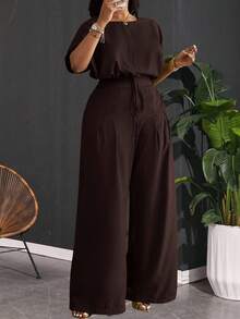 Slaydiva Bộ đồ nữ cỡ lớn mùa Xuân/Hè mới gồm 2 món - Áo croptop tay raglan rộng màu xanh lá cây có dây rút ở gấu áo và quần ống rộng có túi. - màu nâu - Xem 7