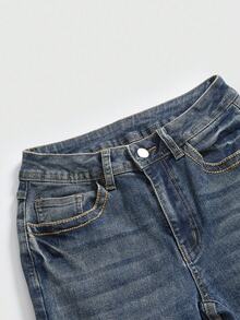 ROMWE Grunge Punk 夏季、复活节、音乐会、纳什维尔、度假复古水洗做旧修身喇叭低腰女式牛仔裤 - 藍色 - 查看 3