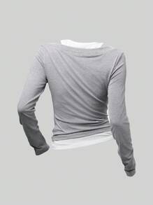 SHEIN Girlism Teen Girls' Colorblock Patchwork 2-In-1 Design T-Shirt, Fitted Silhouette, Casual Style Grey Top Long Sleeve Top Gray Shirt Layered Top Two-Piece Top Gray Long Sleeve Top Long Sleeve Shirts For Girls Layered Look Top Double Layer Top Women Top Gray Top Long Sleeve Shirts For Women Women Gray Top Girls Tops Fall Winter