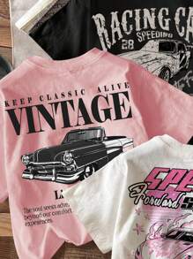 3pcs Tween Girls' Casual Minimalist Vintage Car Graphic White & Black T-Shirts, Suitable For Summer - Multicolor - View 4
