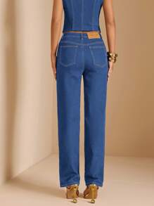 SHEIN BAE 女式口袋直筒宽松休闲百搭牛仔裤 - 中等水洗藍 - 查看 2