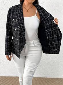 EMERY ROSE Blazer elegante de tweed con botones de metal para mujer talla grande, chaqueta de oficina elegante para otoño/invierno - Negro - Ver 7