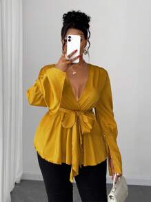 Maweii Áo cánh quyến rũ, thanh lịch, cổ chữ V sâu, trang trọng, cỡ lớn, eo thắt chặt, gợi cảm - Màu vàng - Xem 5